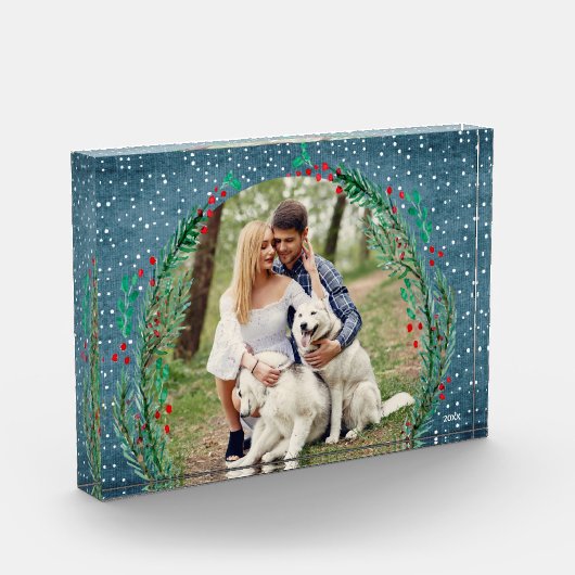 Evergreen Wreath Snow-kerstdenim Blue Fotoblokken (Links)