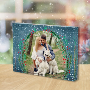 Evergreen Wreath Snow-kerstdenim Blue Fotoblokken