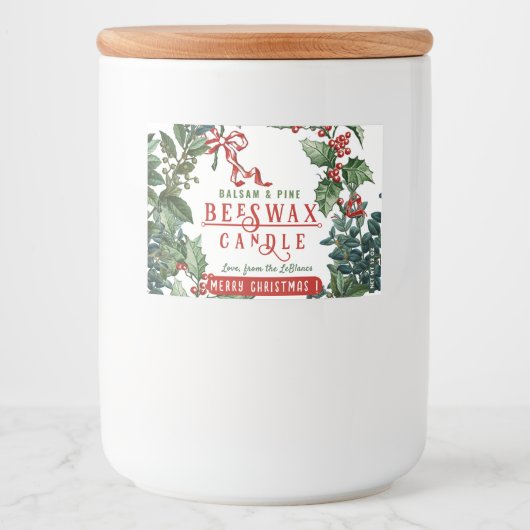 Evergreens en Red Bow Balsam Candle Label Voedselcontainer Etiket (Voorkant)