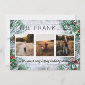 Evergreens en rustiek hout Kerstmis Foto Feestdagenkaart (Voorkant)