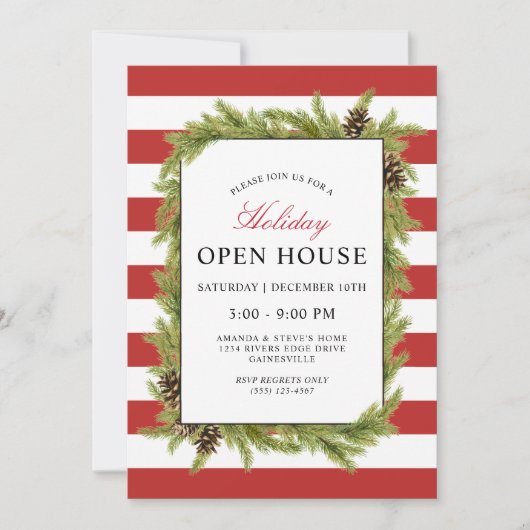 Evergreens en Stripes Holiday Open House Kaart (Voorkant)