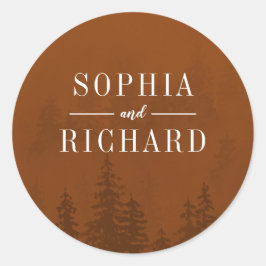 Evergreens Forest Rust Sinaasappel Wedding Envelop Ronde Sticker