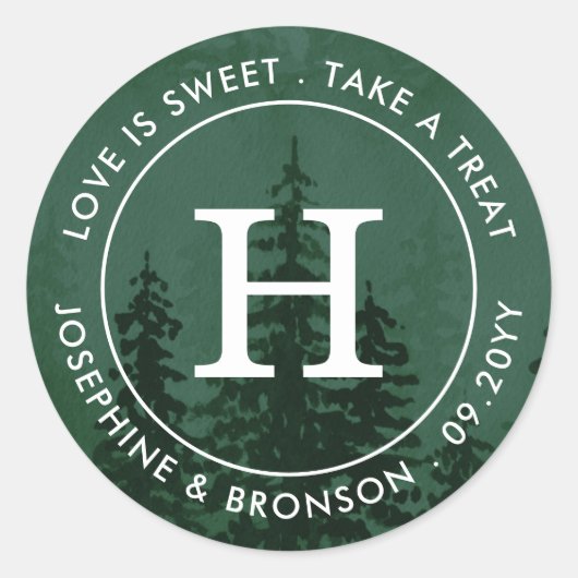 Evergreens in het bos Dark Green Favor Ronde Sticker (Voorkant)