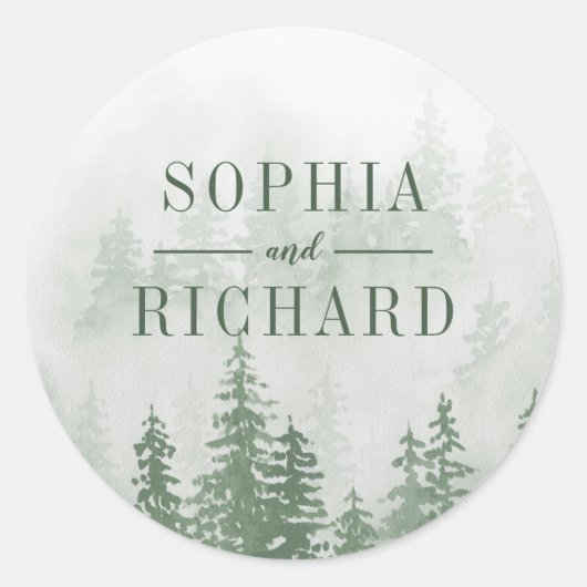 Evergreens in het bos Fog in Green Wedding Ronde Sticker (Voorkant)
