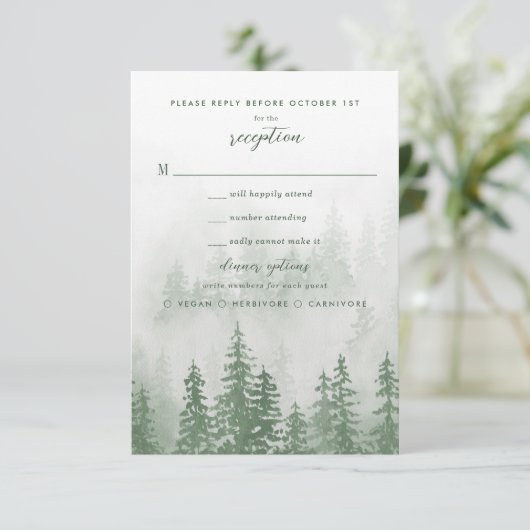 Evergreens in het bos Fog in Green Wedding RSVP (Staand voorkant)
