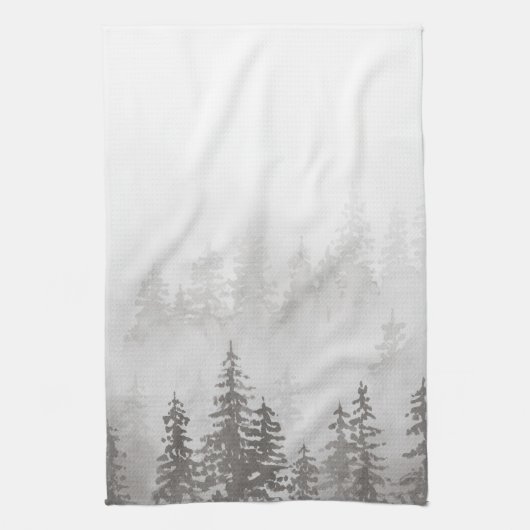 Evergreens in het bos Foggy Mountain in grijs Theedoek (Verticaal)