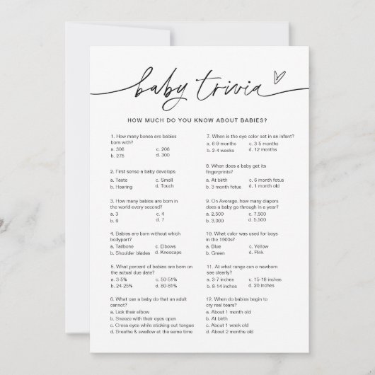 EVERLEIGH Baby Trivia Baby shower Game Kaart (Voorkant)