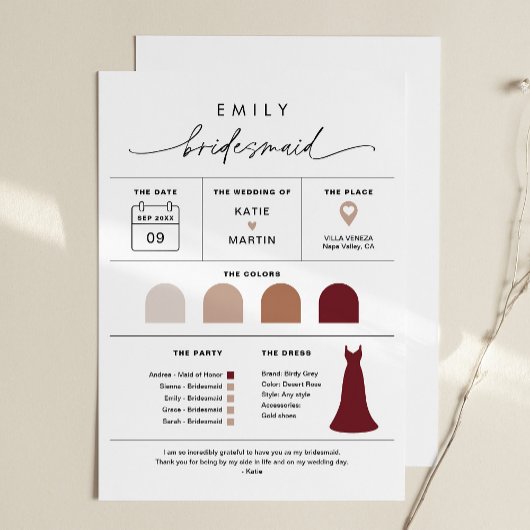 EVERLEIGH Bridesmaid Bridal Party Attire Info Card Kaart