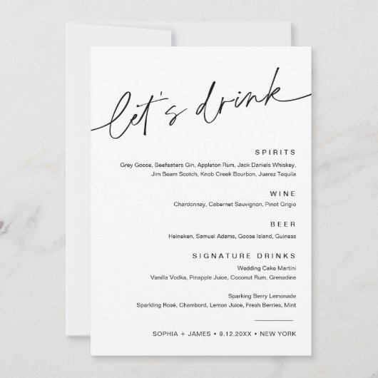 EVERLEIGH Wedding Drink Cocktail Menu Kaart (Voorkant)
