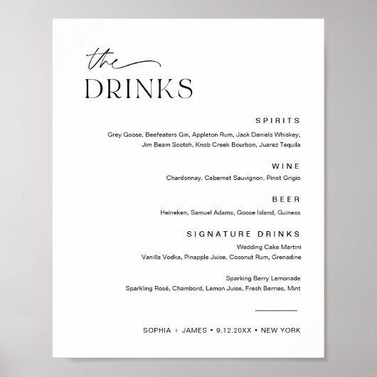 EVERLEIGH Wedding Drink Cocktail Menu Sign. Poster (Voorkant)