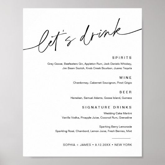 EVERLEIGH Wedding Drink Cocktail Menu Sign. Poster (Voorkant)