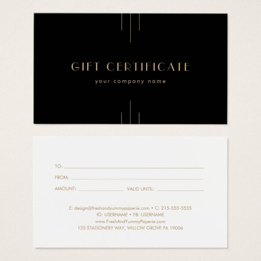 EVERLY Art Deco Black and Gold Gift Certificate Visitekaartje (Voorkant /achterkant)