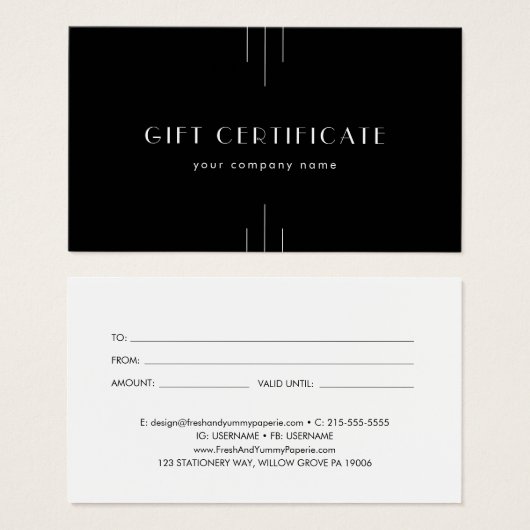 EVERLY Art Deco Black Business Gift Certificate Visitekaartje (Voorkant /achterkant)