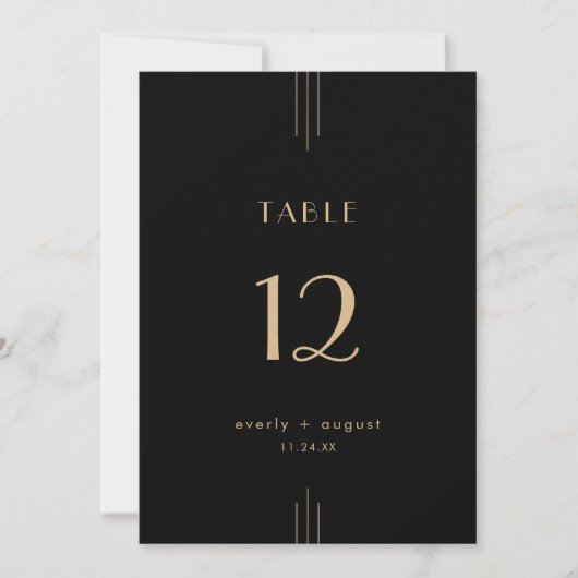 EVERLY Art Deco Black Gold Wedding Table Numbers Kaart (Voorkant)