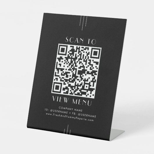 EVERLY Art Deco Black Restaurant Menu QR Code Reclamebord Met Voetstuk (Voorkant)