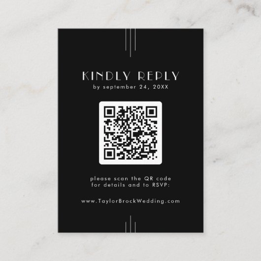 EVERLY Art Deco Black RSVP-kaart met QR-code Informatiekaartje (Voorkant)