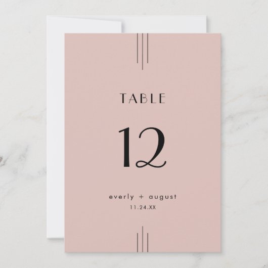 EVERLY Art Deco Blush Pink Wedding Table Numbers Kaart (Voorkant)
