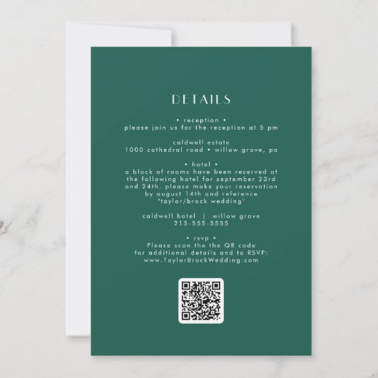 EVERLY Art Deco Emerald Green QR Code Wedding Kaart (Achterkant)