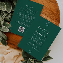 EVERLY Art Deco Emerald Green QR Code Wedding Kaart