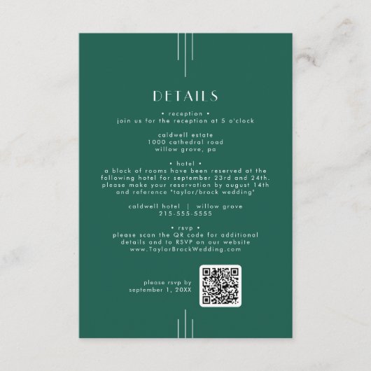 EVERLY Art Deco Emerald QR Code Wedding Details Informatiekaartje (Voorkant)