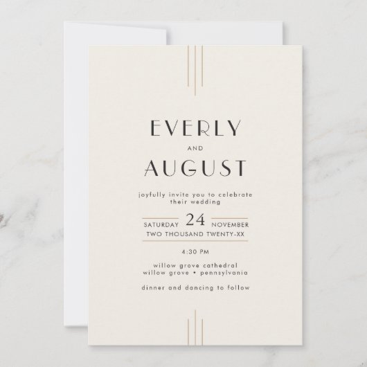 EVERLY Art Deco Ivory Gold Black QR Code Wedding Kaart (Voorkant)