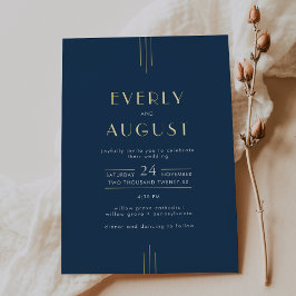 EVERLY Art Deco Navy Blue and Gold Foil Wedding Folie Uitnodiging