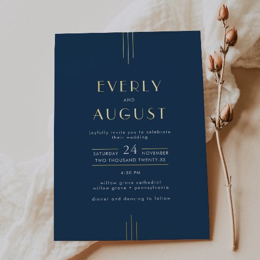 EVERLY Art Deco Navy Blue and Gold Foil Wedding Folie Uitnodiging