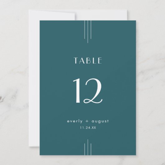 EVERLY Art Deco Peacock Teal Wedding Table Numbers Kaart (Achterkant)
