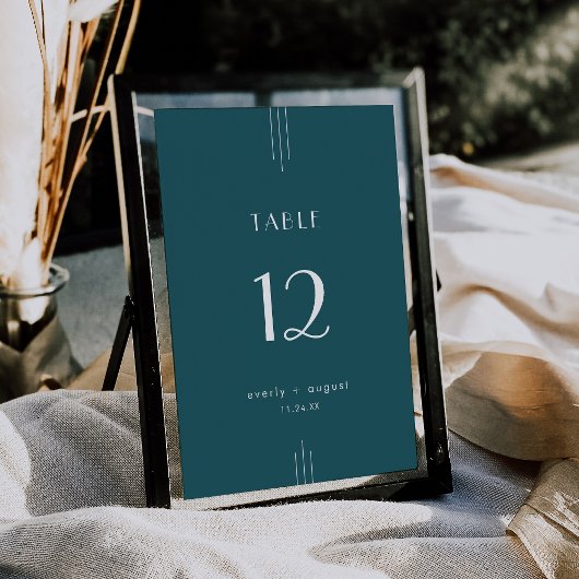 EVERLY Art Deco Peacock Teal Wedding Table Numbers Kaart