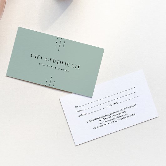 EVERLY Art Deco Sage Business Gift Certificate Visitekaartje