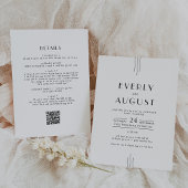 EVERLY Art Deco Simple White Black QR Code Wedding Kaart