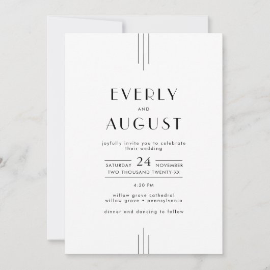 EVERLY Art Deco Simple White Black QR Code Wedding Kaart (Voorkant)