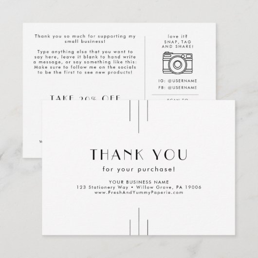 EVERLY Art Deco Small Business Thank You Order Informatiekaartje (Voorkant / Achterkant)