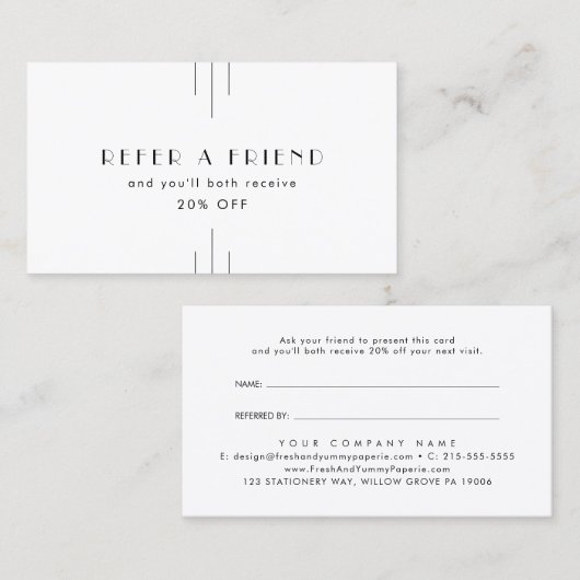 EVERLY Art Deco White Black Refer A Friend Aanbevelingskaartje (Voorkant / Achterkant)