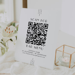 EVERLY Art Deco Wit Zwart Bar Menu QR Code Reclamebord Met Voetstuk