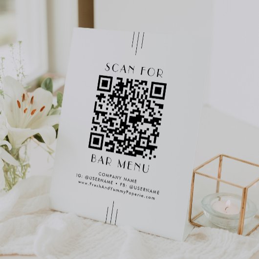 EVERLY Art Deco Wit Zwart Bar Menu QR Code Reclamebord Met Voetstuk
