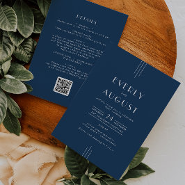 EVERLY Classic Art Deco Navy Blue QR Code Wedding Kaart