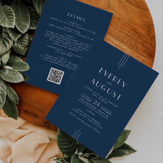 EVERLY Classic Art Deco Navy Blue QR Code Wedding Kaart