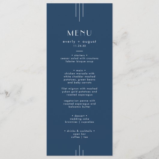 EVERLY Classic Modern Art Deco Navy Blue Wedding Menu (Voorkant)
