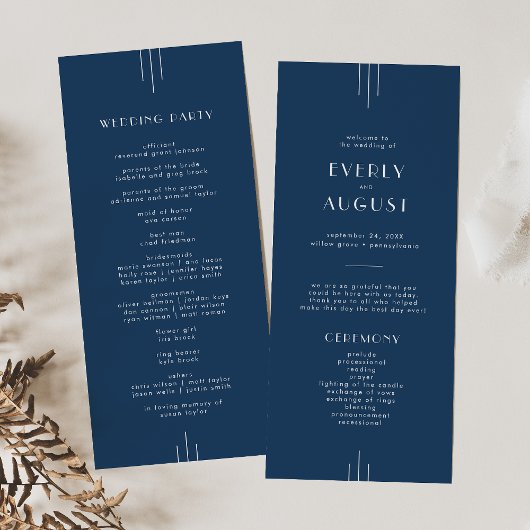 EVERLY Classic Modern Art Deco Navy Blue Wedding Programmakaart