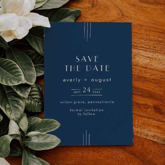 EVERLY Classic Modern Art Deco Navy Blue Wedding Save The Date