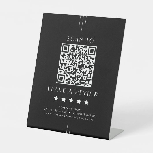 EVERLY Dark Black Business QR Code Leave A Review Reclamebord Met Voetstuk (Voorkant)
