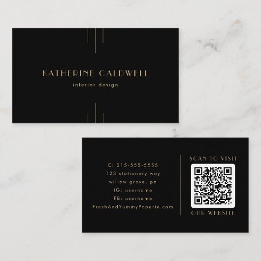EVERLY Elegant Art Deco Black and Gold QR Code Visitekaartje (Voorkant / Achterkant)