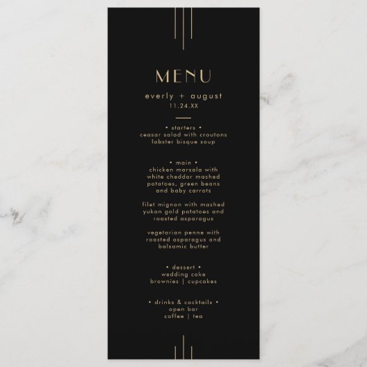 EVERLY Elegant Art Deco Black and Gold Wedding Menu (Voorkant)
