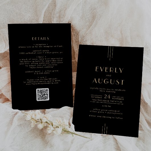 EVERLY Elegant Art Deco Black Gold QR Code Wedding Kaart
