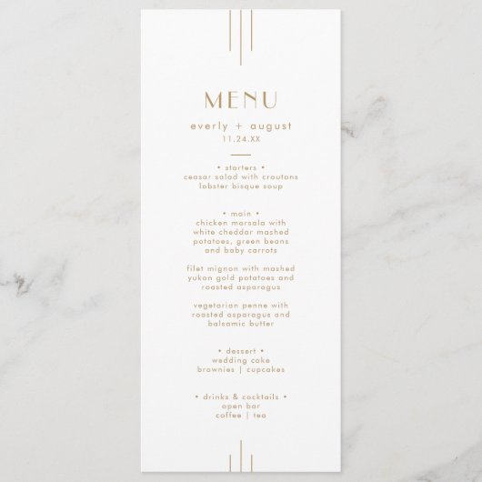 EVERLY Gold Art Deco Simple Geometric Wedding Menu (Voorkant)