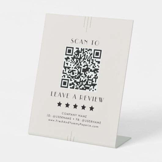 EVERLY Ivory Black Business QR Code Leave A Review Reclamebord Met Voetstuk (Voorkant)
