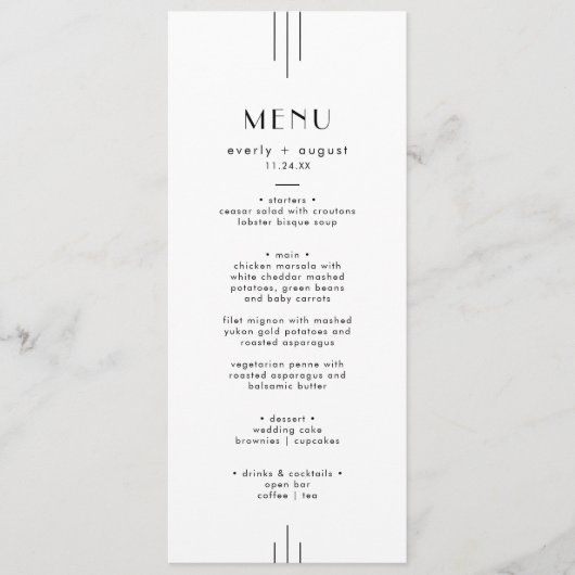 EVERLY Minimalist Art Deco White and Black Wedding Menu (Voorkant)