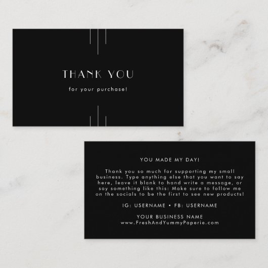 EVERLY Modern Art Deco Black and White Thank You Visitekaartje (Voorkant / Achterkant)