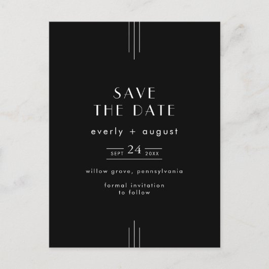 EVERLY Modern Art Deco Black Wedding Save the Date Uitnodiging Briefkaart (Voorkant)